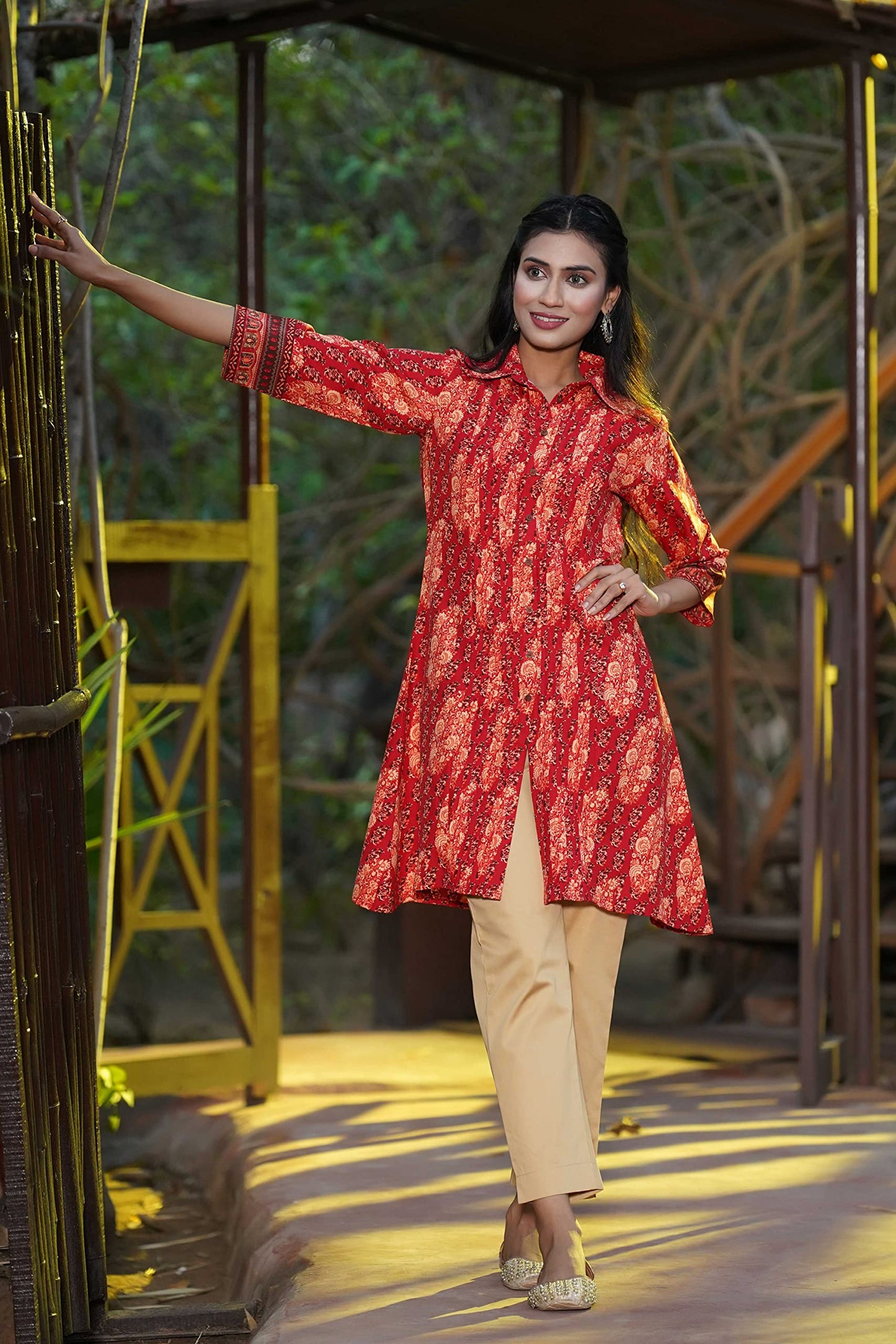 Juniper Women's Red Ethnic Motif Printed Rayon A-Line Kurta with Buttons - Distacart