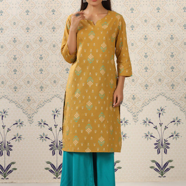 Ode by House of Pataudi Mustard Yellow & Teal Printed Pure Cotton Kurta with Palazzos - Distacart