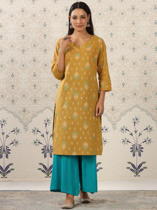 Ode by House of Pataudi Mustard Yellow & Teal Printed Pure Cotton Kurta with Palazzos - Distacart