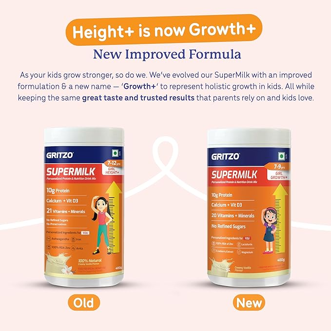 Gritzo SuperMilk Height+ (7-12y Girls), 10g Protein (Creamy Vanilla) - Distacart