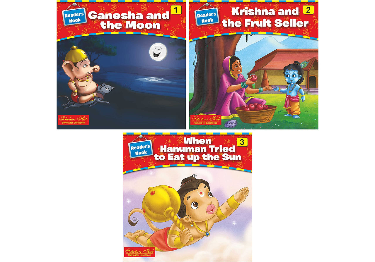 Scholars Hub Mythological Story Books For Kids- Readers Nook Series -Ganesha And The Moon-1, Krishna And The Fruit Seller-2, When Hanuman Tried To Eat Up The Sun -3 (Set Of 3 Books) (For Ages 3+) (Illustrated) |48 Pages| Single Line Storybook For Kids - Dista