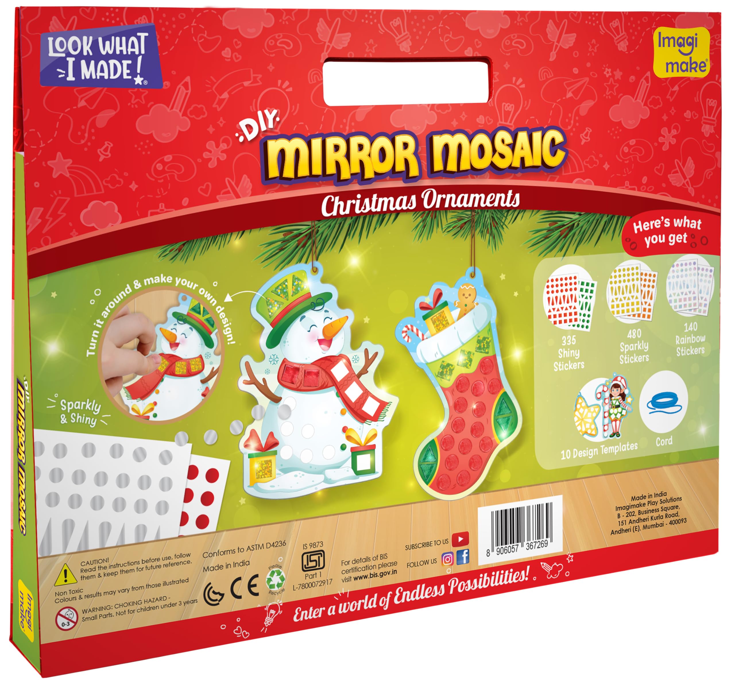 Imagimake Mirror Mosaic Christmas Kids Art Set | DIY Craft Kit | Foil Stickers for Kids | Birthday Gift for Girls and Boys Ages 3,4,5,6,7,8 | Christmas Toys for Girls Age 4,5,6,7,8