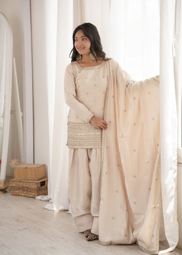 Lorenvalley Fashion Cream Glass Roman Silk with Embroidery Sequence and Jari Work Kurta Farshi Salwar with Dupatta - Dista