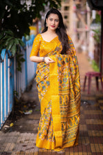 Thumbnail for Mustard Slub Silk Printed Saree with Unstitched Blouse - Hiral Fashion - Distacart