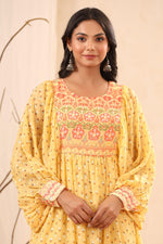 Thumbnail for Juniper Women's Yellow Ethnic Motif Printed Georgette Midi Dress With Sequins Work - Distacart