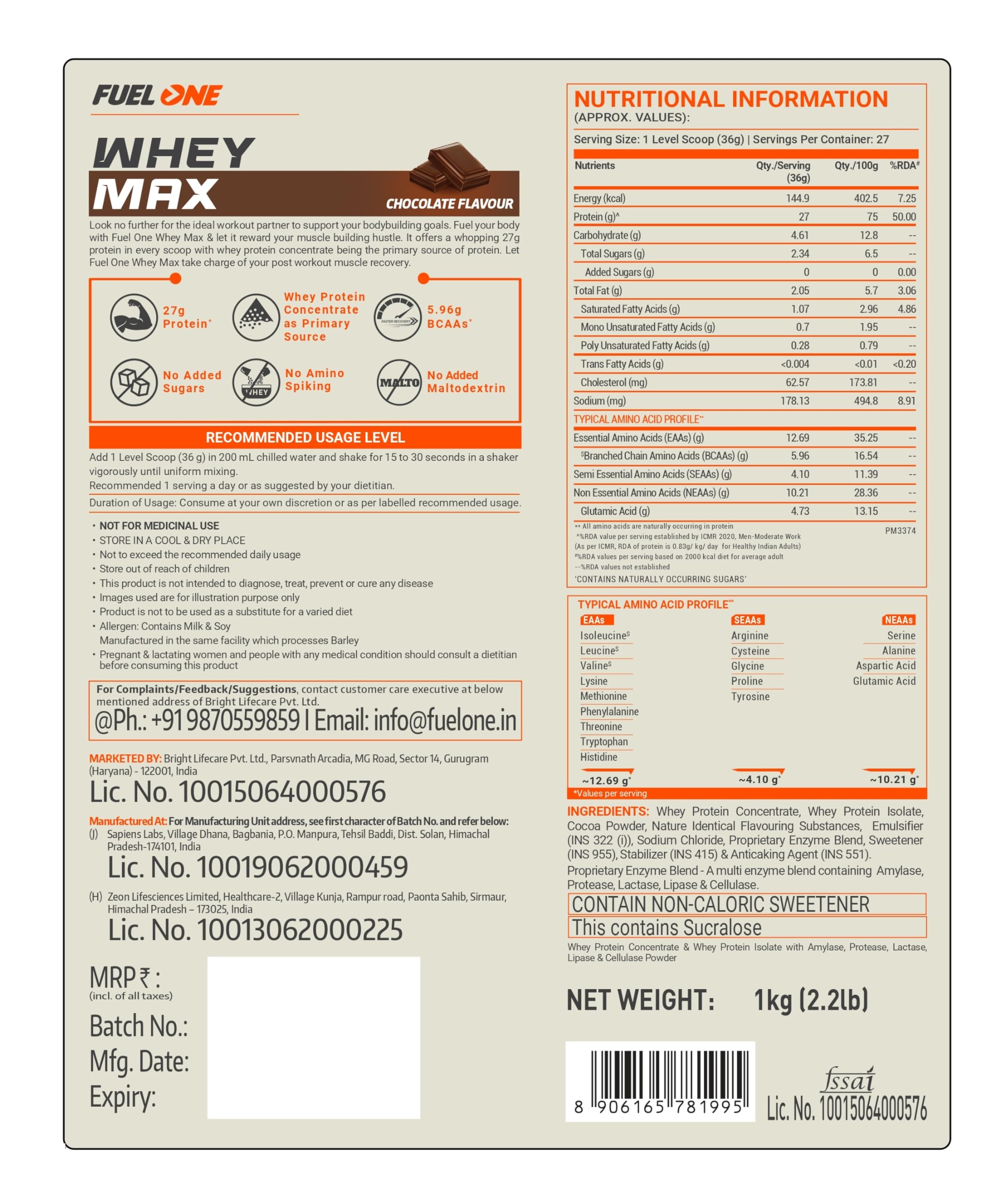 FUELONE Whey Max (Chocolate, / 2.2lbs) | Whey Protein Concentrate & Whey Protein Isolate | 27g Protein & Creatine Monohydrate (Unflavoured, 100g, 33 Servings) | Combo Pack