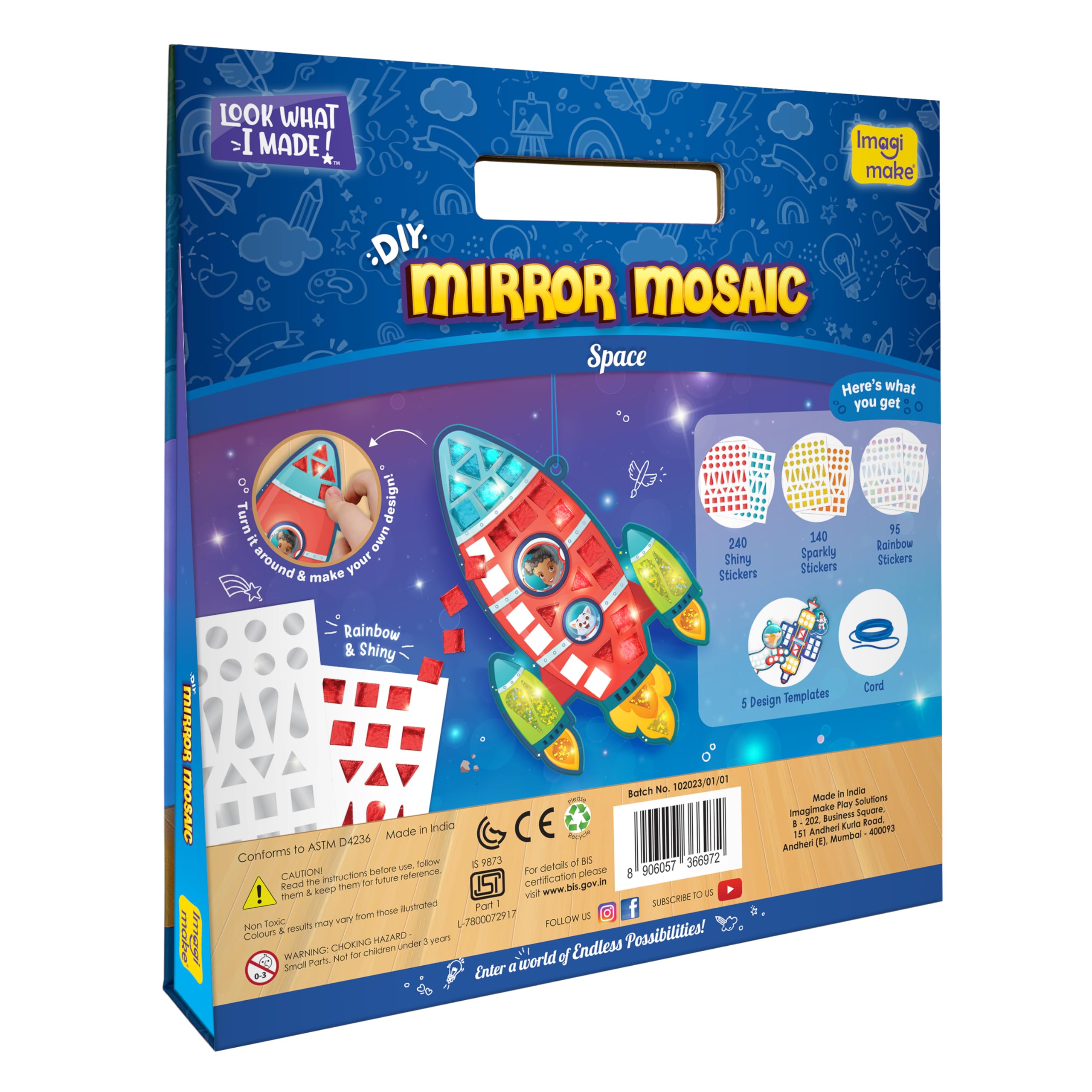 Imagimake Mirror Mosaic Space Theme Kids Art Set | DIY Craft Kit with Foil Stickers | Birthday Gift for Boys and Girls Ages 3-8 | Travel Toys | Crafts for Kids Ages 4-8