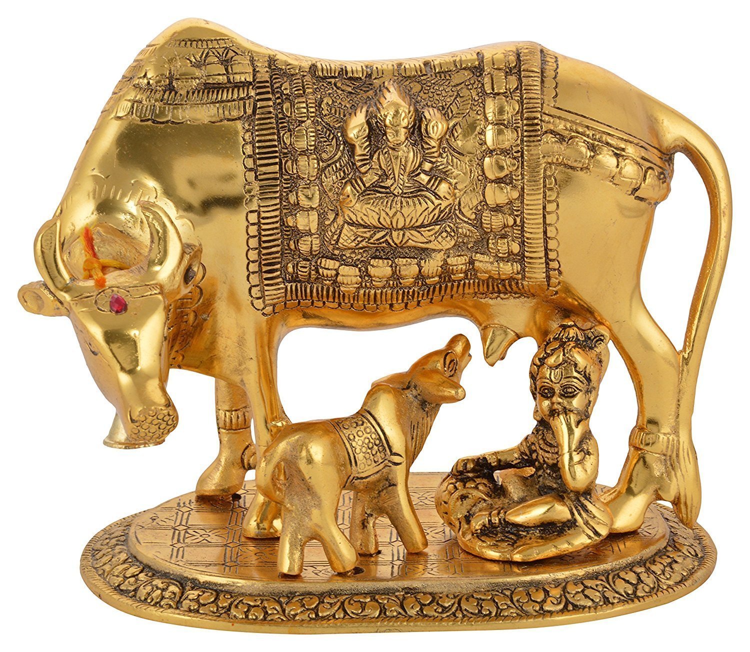BRIJ HAAT Kamdhenu Cow and Calf Metal Showpiece for Home Decoration and Decorative Gift Item @17cm Gold - Dista