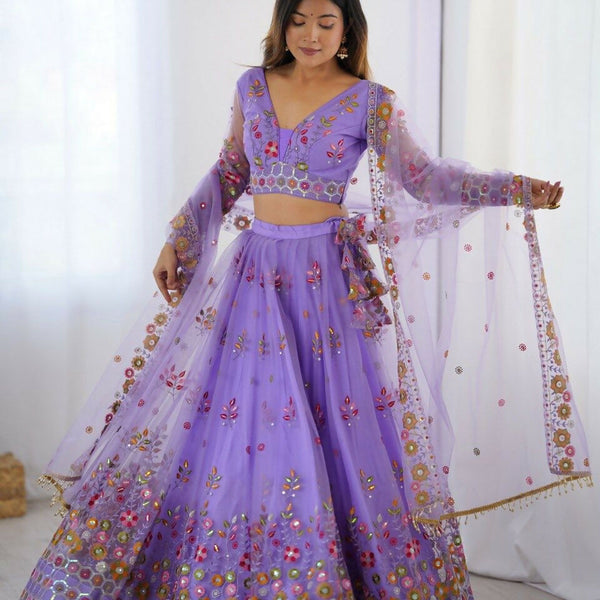 Joban Fashion Purple Lehenga Net Coding Dori with Sequence with Rivet Moti