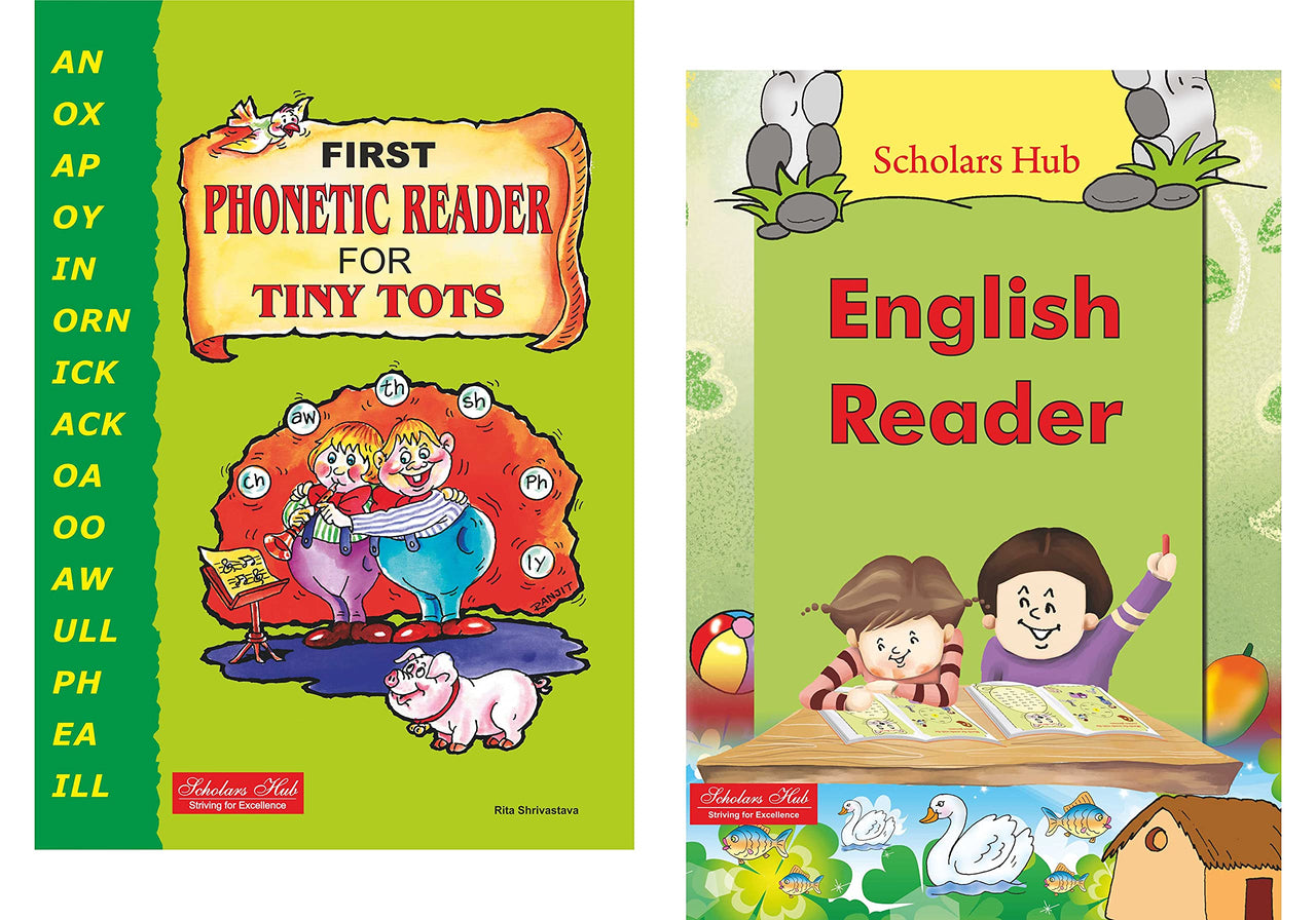 Scholars Hub Phonics Learning Book Combo-First Phonetic Reader For Tiny Tots & Scholars Hub English Reader (Set Of 2 Books) | Word Formatting| Sight Words | Sound To Words | Vowels | 3,4,5 Letter Words | Phonics Book For Ages 3-7 Years Old - Dista