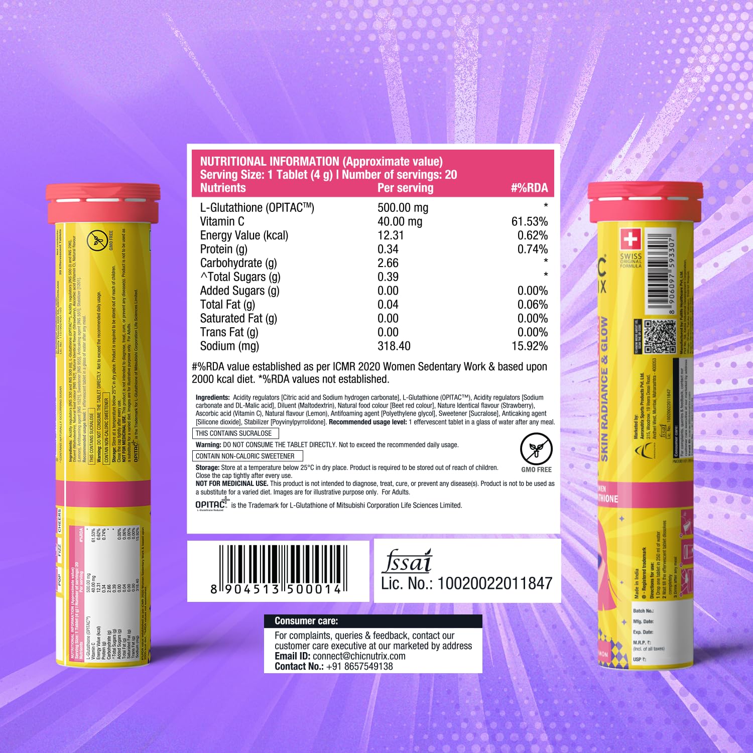 Chicnutrix Glow 500mg Effervescent Tablets - Strawberry & Lemon Flavor, For Glow & Radiance Skin - Distacart