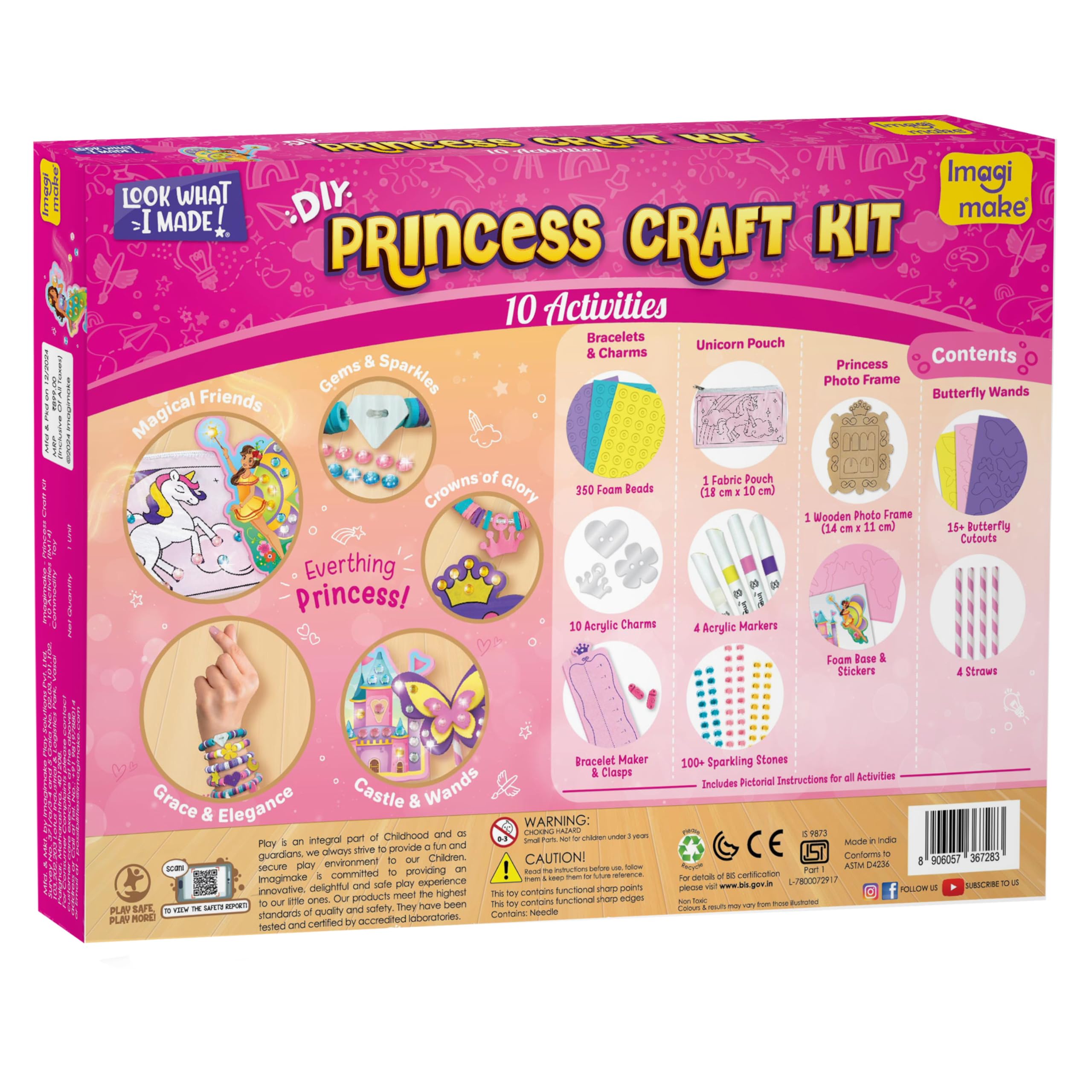 Imagimake Princess Craft Kit | 10 Mess-Free DIY Activities | Bracelet Making Kit, Unicorn Pouch, Butterfly Wands & Photo Frame | Girls Toys Age 6-8 | 5,6,7,8,9,10,11,12 Year Old Girl Birthday Gifts