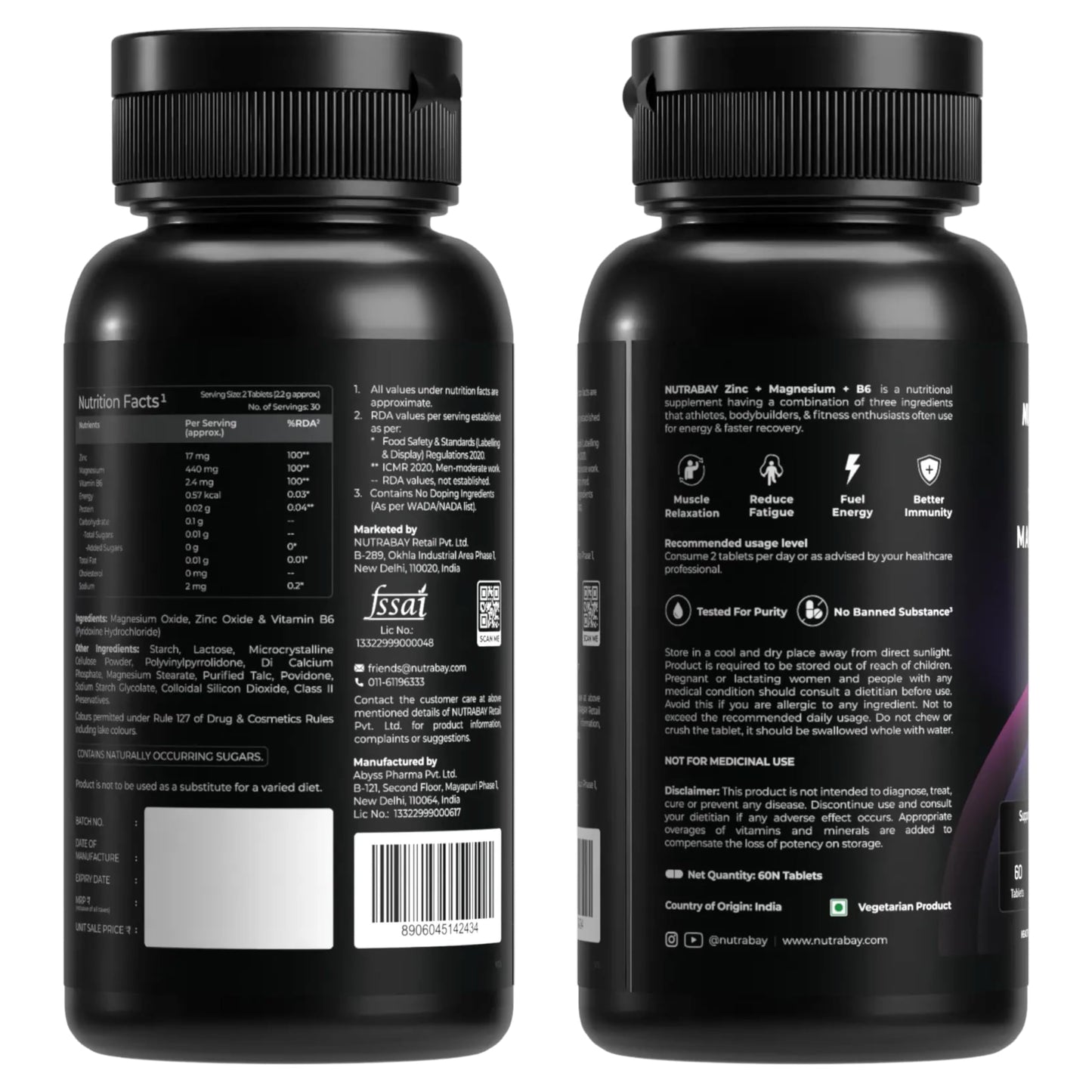 Nutrabay Pro Zinc Magnesium (ZMA) with 100% RDA Zinc, Magnesium Aspartate & Vitamin B6 – Muscle Strength, Recovery, Better Sleep & Anxiety Relief – 60 Veg Tablets | Tested for Purity