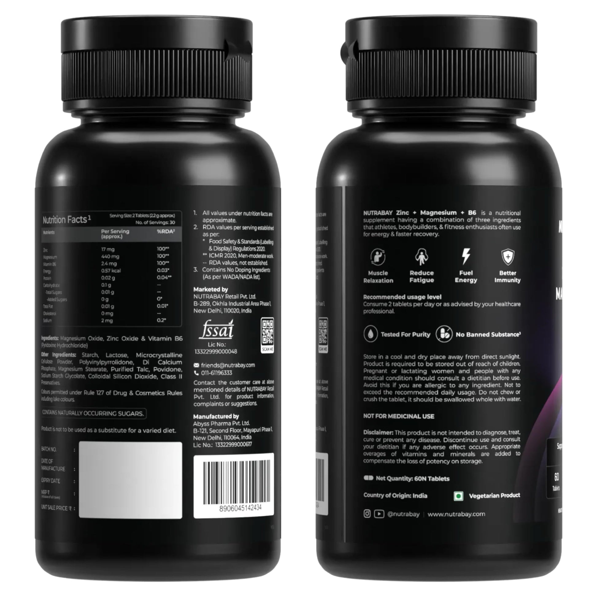 Nutrabay Pro Zinc Magnesium (ZMA) with 100% RDA Zinc, Magnesium Aspartate & Vitamin B6 – Muscle Strength, Recovery, Better Sleep & Anxiety Relief – 60 Veg Tablets | Tested for Purity