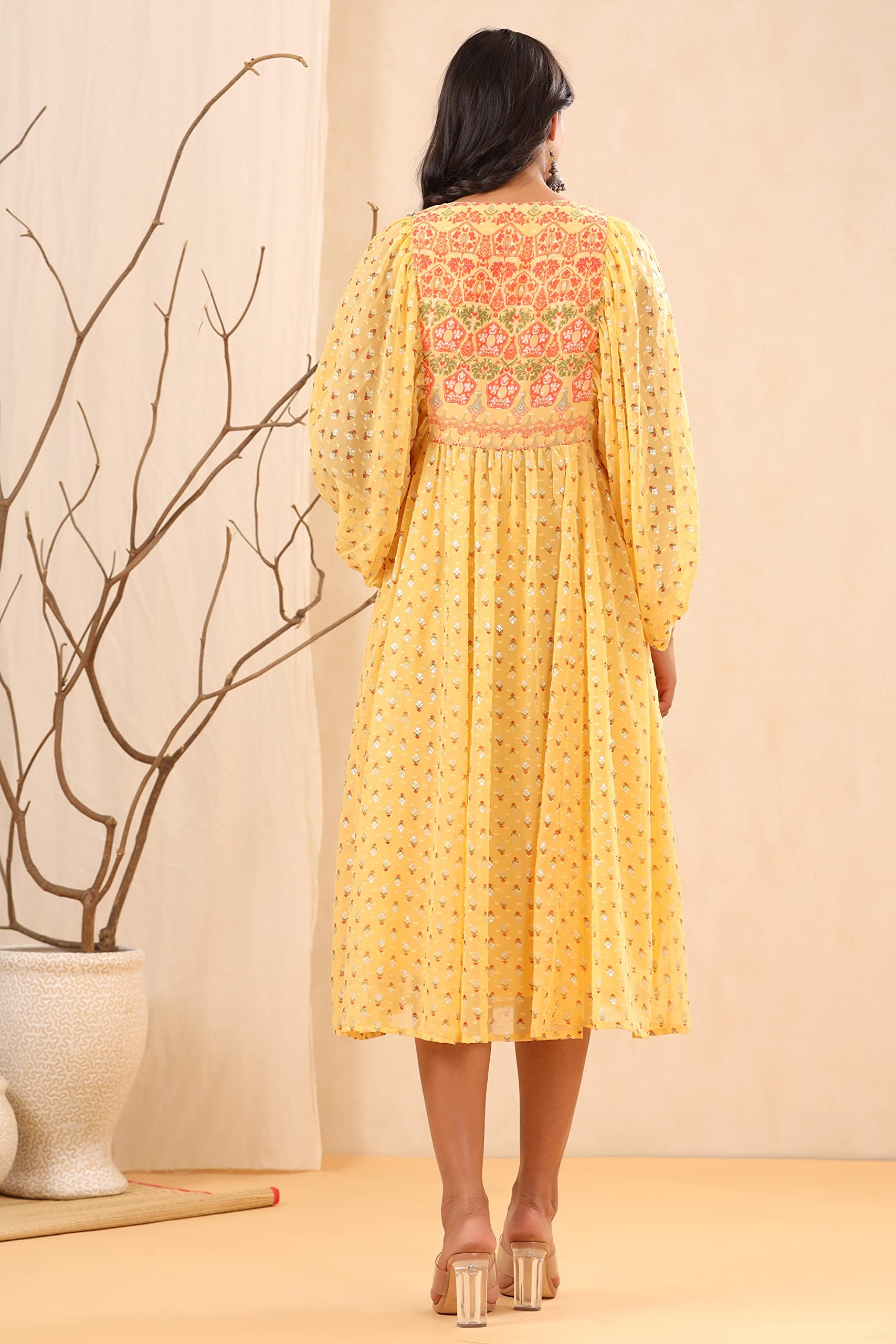 Juniper Women's Yellow Ethnic Motif Printed Georgette Midi Dress With Sequins Work - Distacart