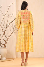 Thumbnail for Juniper Women's Yellow Ethnic Motif Printed Georgette Midi Dress With Sequins Work - Distacart