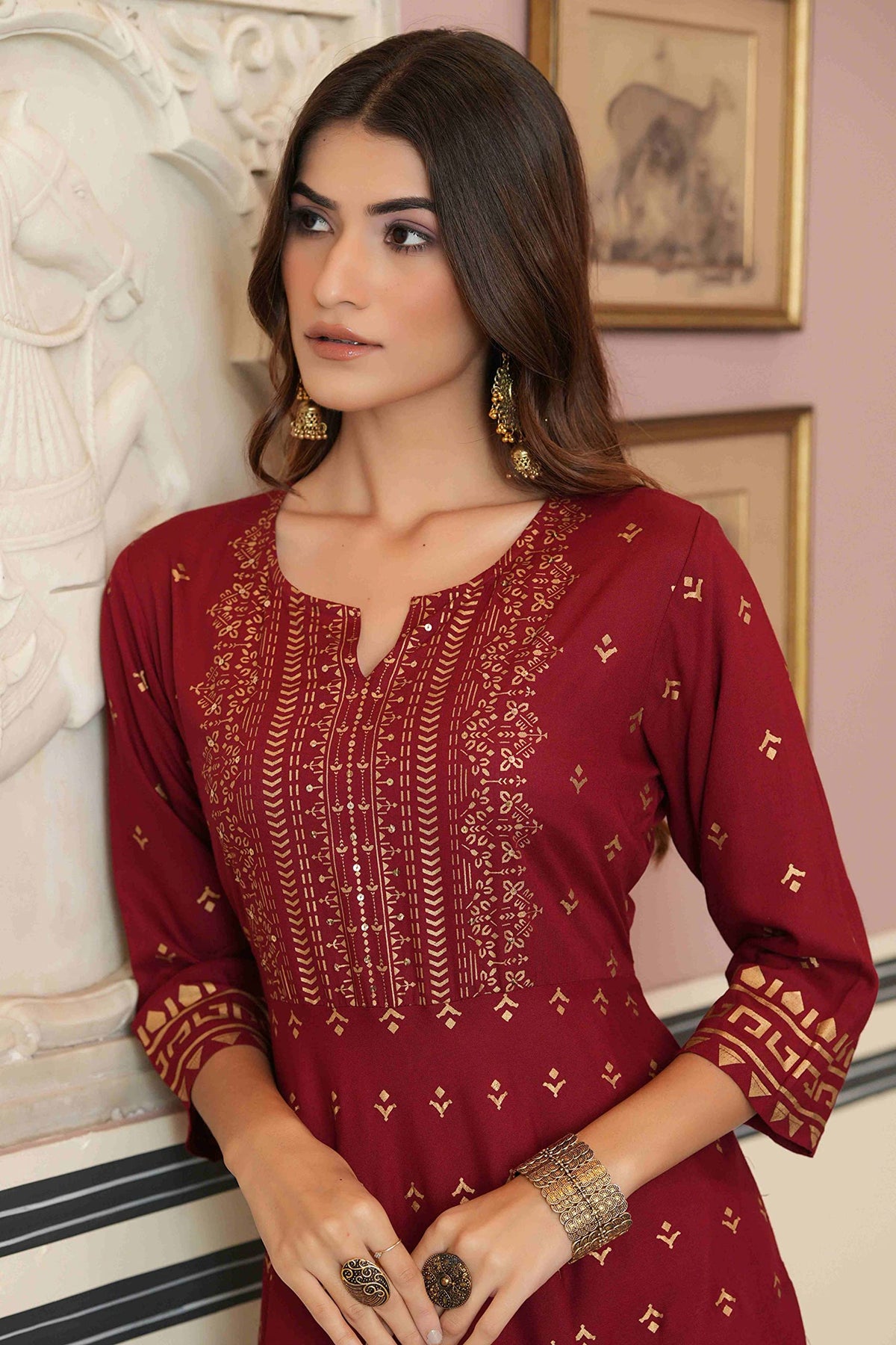 Juniper Women's Maroon Ethnic Motif Printed Rayon Kurta With Sequins - Distacart