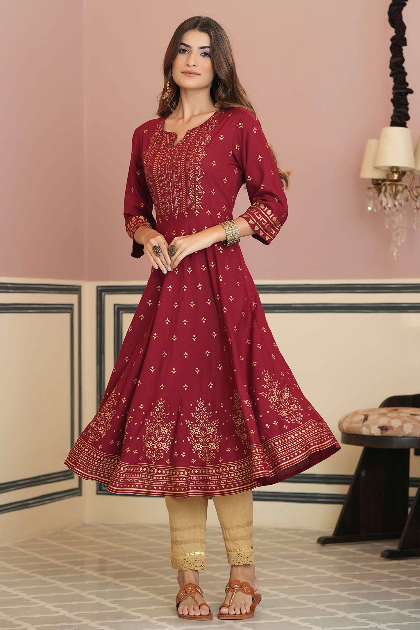 Juniper Women's Maroon Ethnic Motif Printed Rayon Kurta With Sequins - Distacart