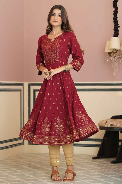Juniper Women's Maroon Ethnic Motif Printed Rayon Kurta With Sequins - Distacart