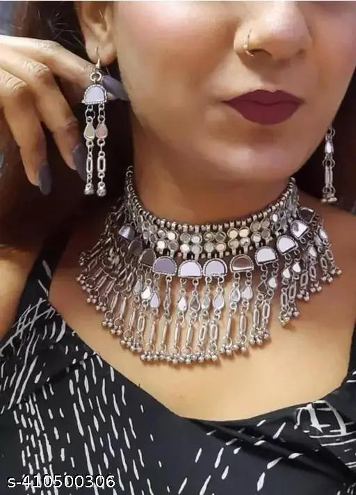 Tehzeeb Creations Women's Silver Colour Oxidised Necklace Set With Mirror Work - Distacart
