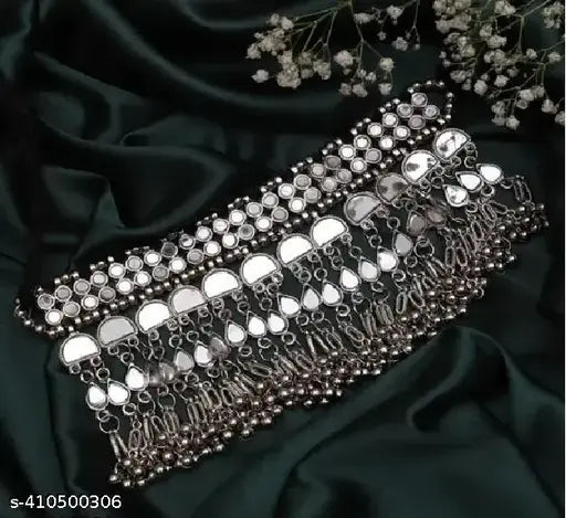 Tehzeeb Creations Women's Silver Colour Oxidised Necklace Set With Mirror Work - Distacart