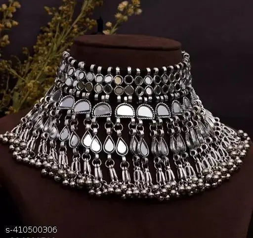 Tehzeeb Creations Women's Silver Colour Oxidised Necklace Set With Mirror Work - Distacart
