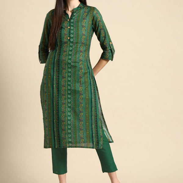 Anouk Women Green Ethnic Motifs Printed Pure Cotton Kurta with Trousers - Distacart