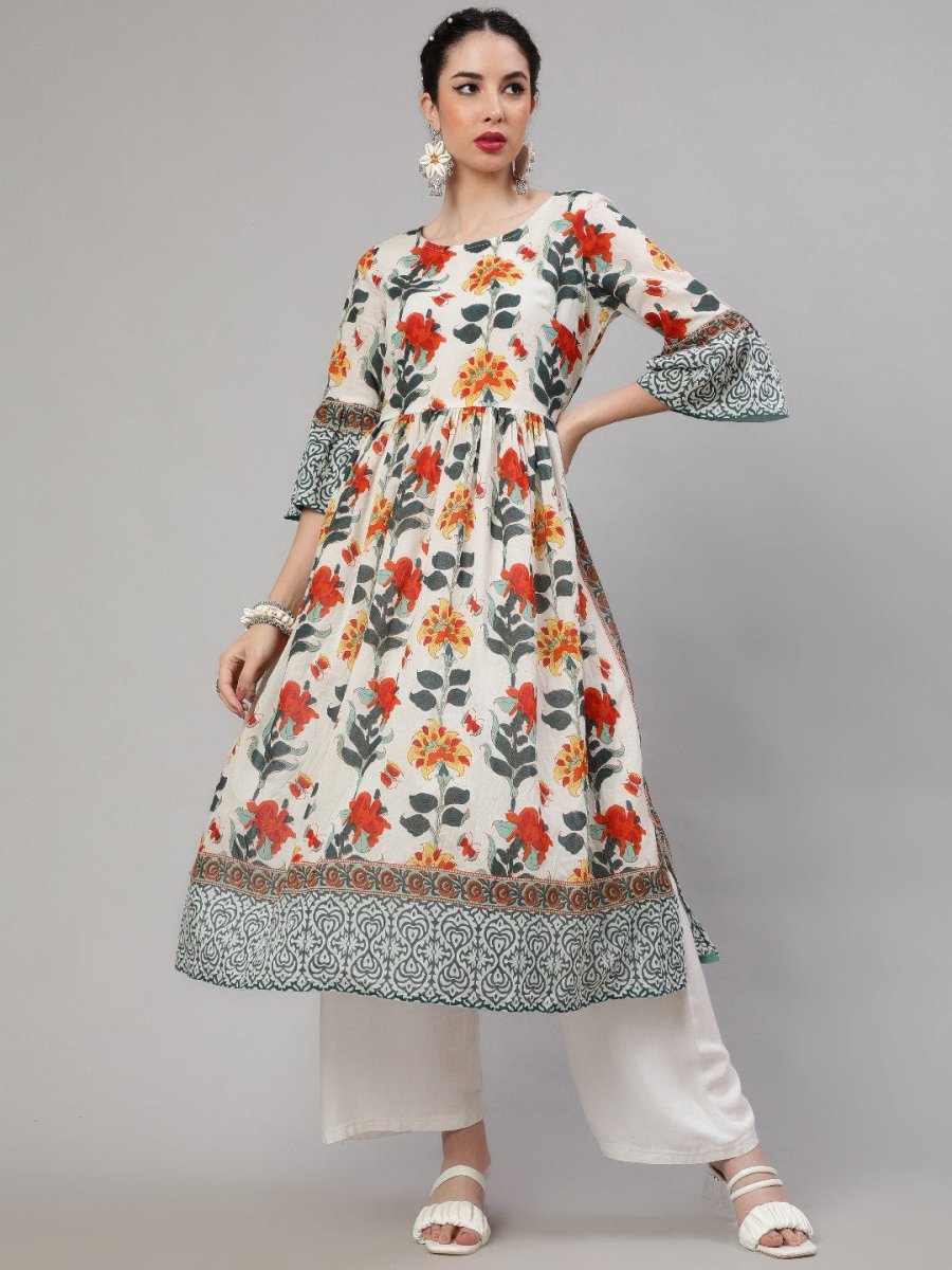 Aks Floral Printed Bell Sleeves Pleated Cotton A-Line Kurta - Distacart