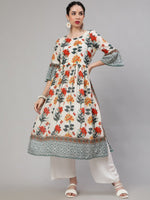 Thumbnail for Aks Floral Printed Bell Sleeves Pleated Cotton A-Line Kurta - Distacart