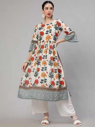 Aks Floral Printed Bell Sleeves Pleated Cotton A-Line Kurta - Distacart