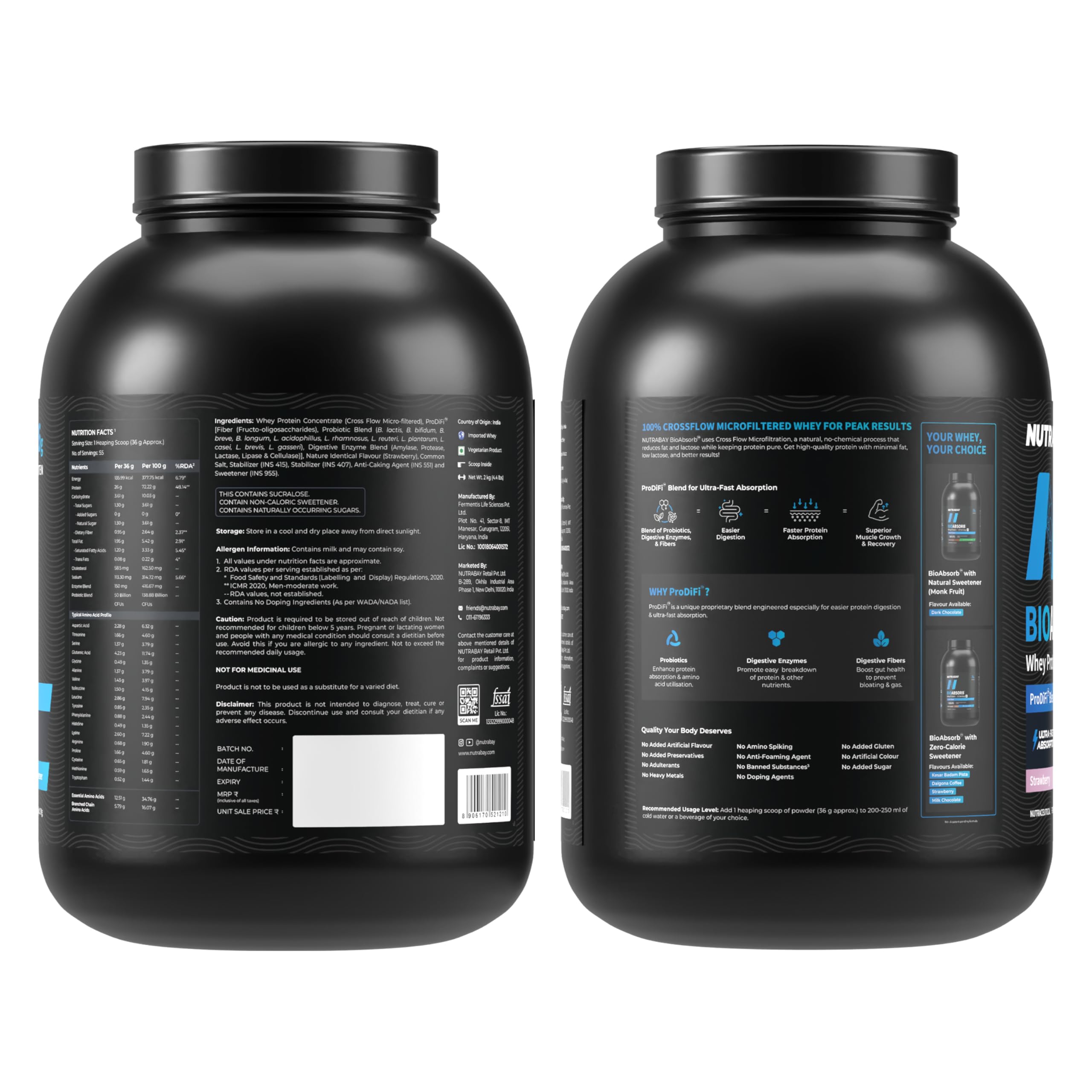 Nutrabay BioAbsorb™ Whey | ProDiFi™ for Ultra-Fast Absorption | 26g Protein | Strawberry, | No Bloating | No Added Sugar | Fast Recovery | India's 1st Blend of Fiber, Probiotics & Enzymes