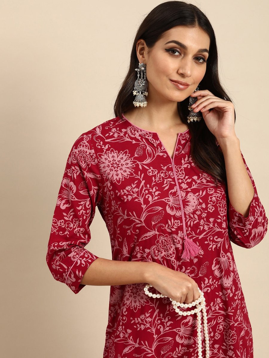 All About You Women Red Floral Printed Kurta with Trousers - Distacart