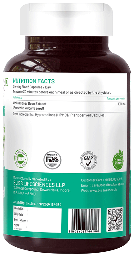 bliss welness carb controller white kidney bean extract vegetarian capsule