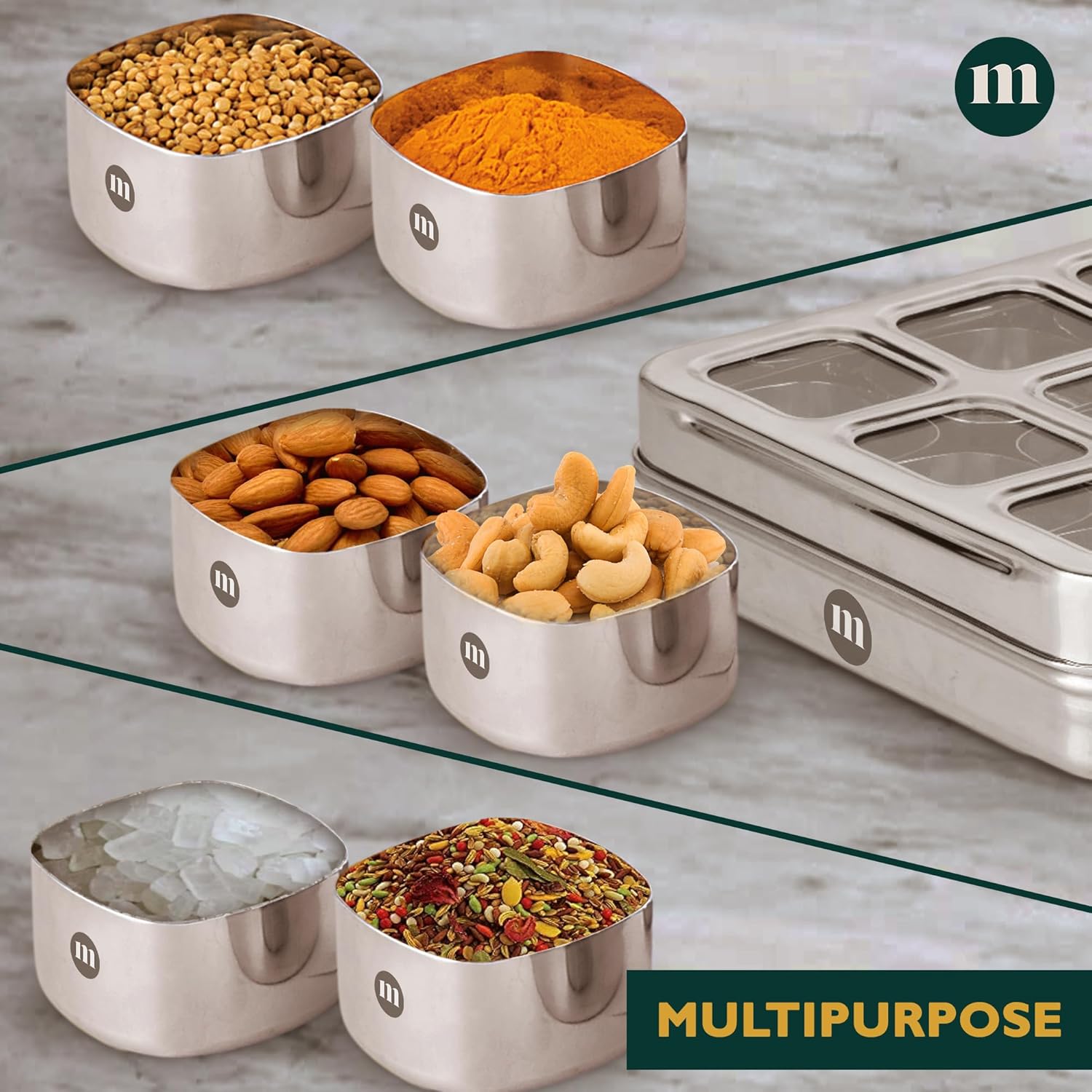 MARU Stainless Steel 9-in-1 Square Masala Dabba – Spice Box with 9 Round Containers - Dista