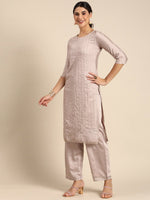 Thumbnail for All About You Women Mauve Ethnic Motifs Embroidered Regular Sequinned Chanderi Silk Kurta with Palazzos & - Distacart