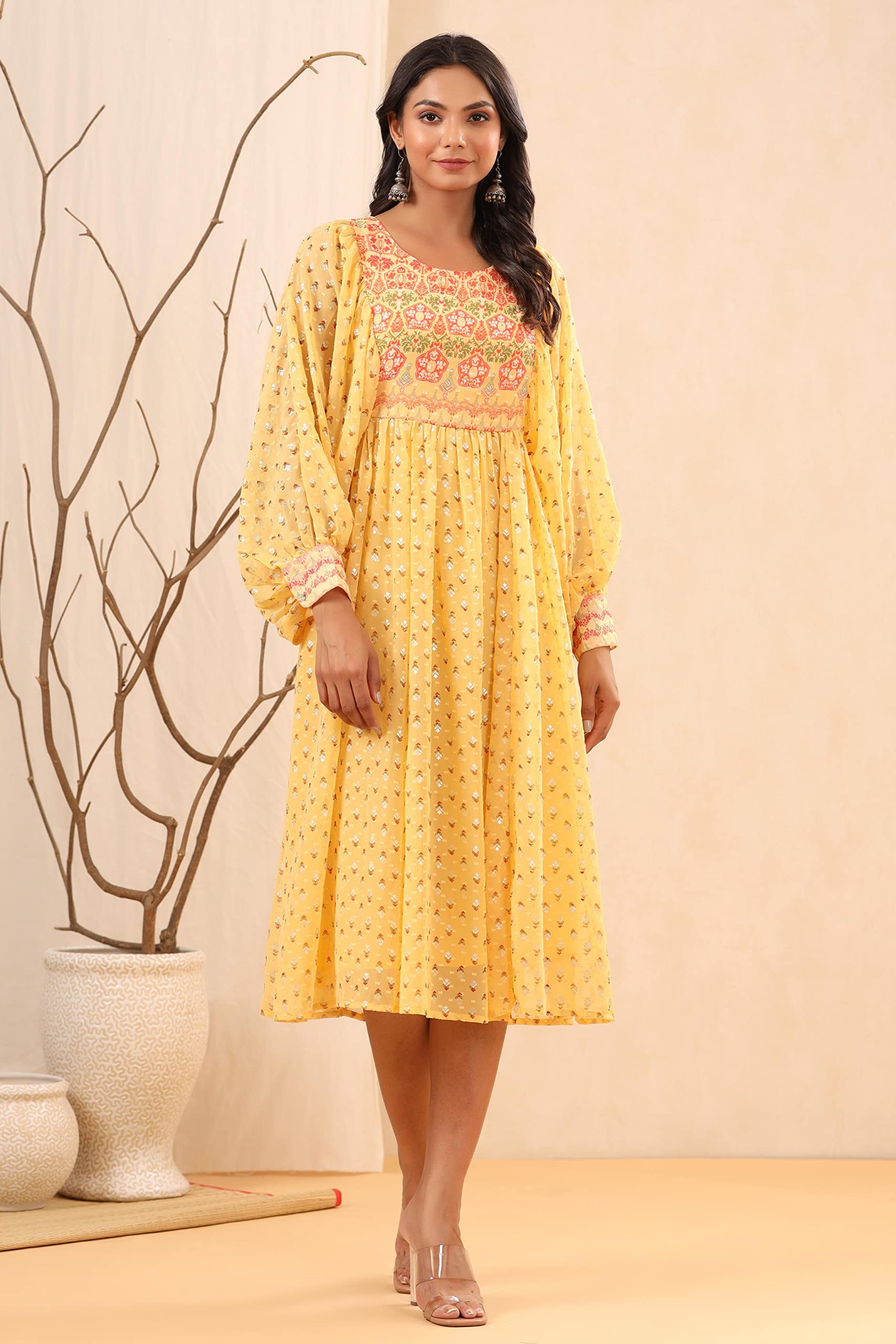 Juniper Women's Yellow Ethnic Motif Printed Georgette Midi Dress With Sequins Work - Distacart