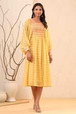 Thumbnail for Juniper Women's Yellow Ethnic Motif Printed Georgette Midi Dress With Sequins Work - Distacart