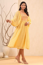 Thumbnail for Juniper Women's Yellow Ethnic Motif Printed Georgette Midi Dress With Sequins Work - Distacart