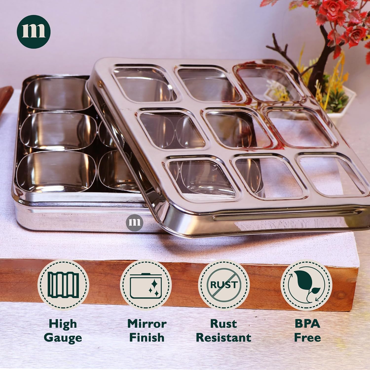 MARU Stainless Steel 9-in-1 Square Masala Dabba – Spice Box with 9 Round Containers - Dista