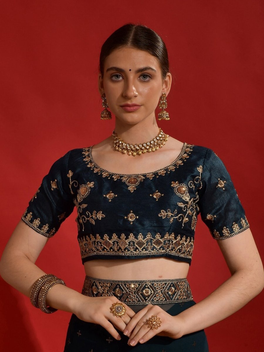 Anouk Teal & Gold-Toned Embellished Embroidered Pure Georgette Saree - Distacart
