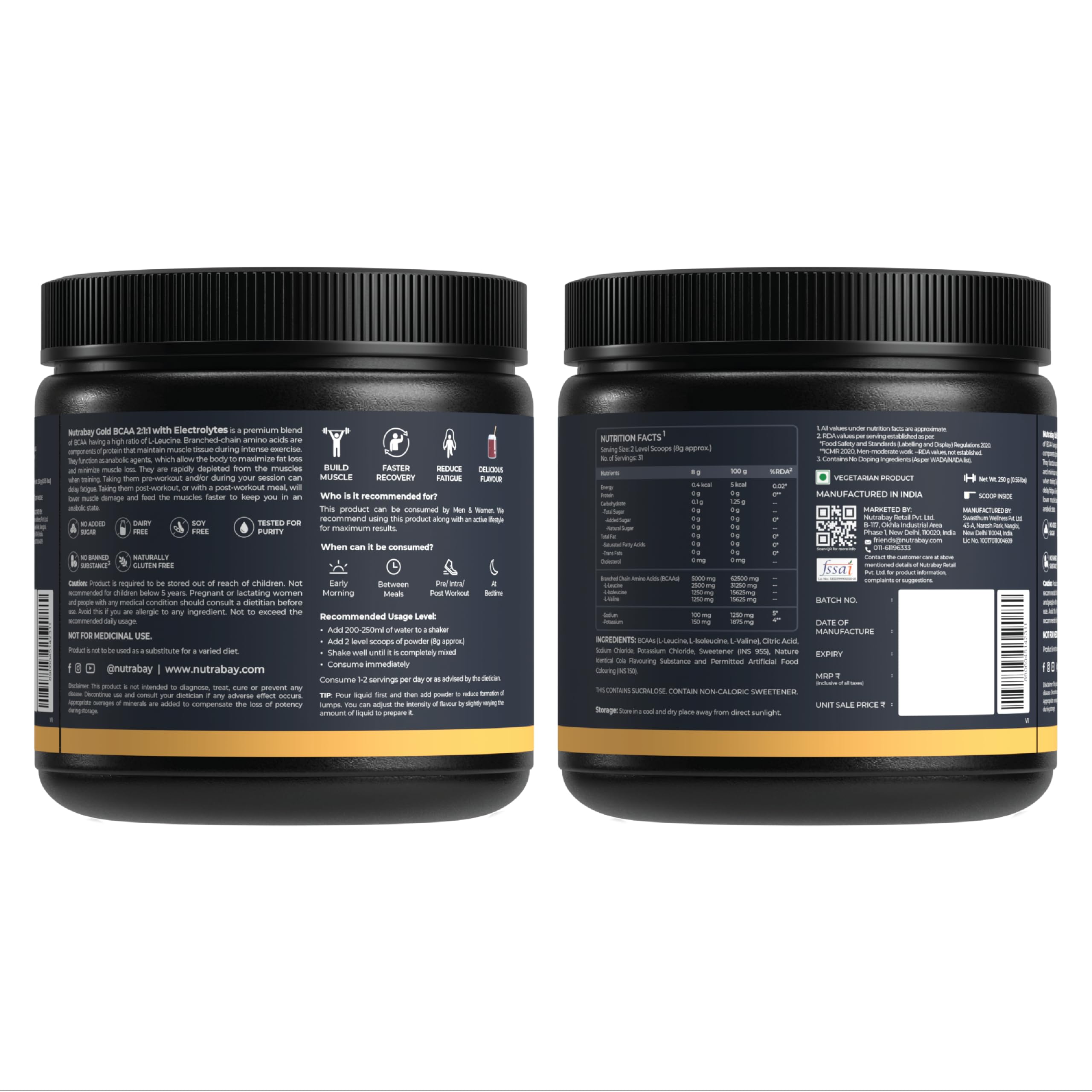 Nutrabay Gold BCAA 2:1:1 with Electrolytes 5000 mg Vegan BCAAs per Serving – Pre/Post Workout Energy Drink for Muscle Build Up & Faster Recovery - Tested for Purity - No Banned Substances – 250g, Cola