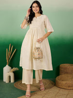 Thumbnail for Sangria Off White Floral Embroidered Mirror Work Pure Cotton Anarkali Kurta Set