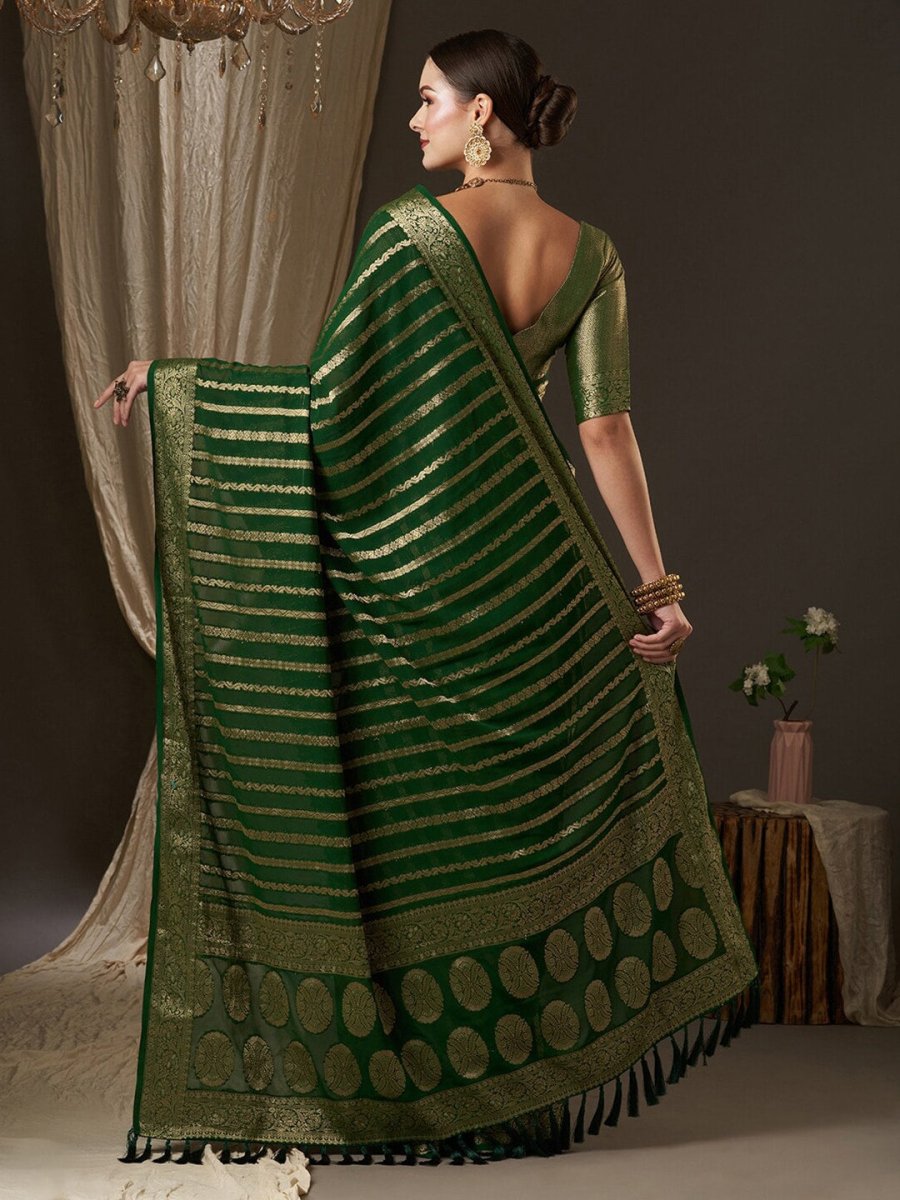 Anouk Green & Gold-Toned Woven Design Zari Pure Georgette Kanjeevaram Saree - Distacart