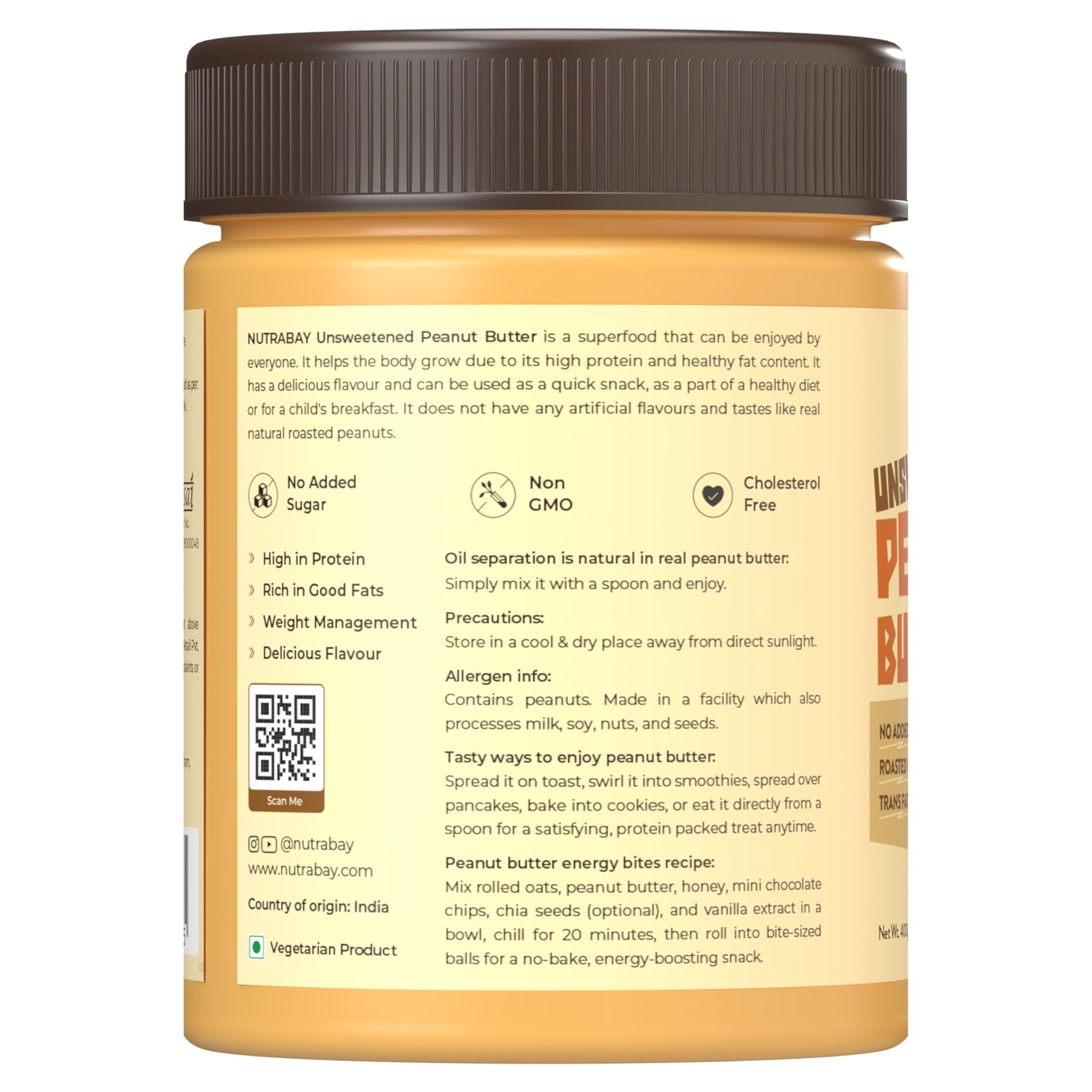 Nutrabay Foods All-Natural Peanut Butter (Creamy) - Unsweetened, 400g | 28g Protein, Zero Cholesterol, Vegan, Gluten Free, Non GMO