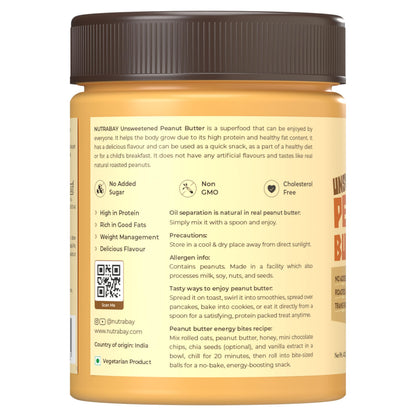 Nutrabay Foods All-Natural Peanut Butter (Creamy) - Unsweetened, 400g | 28g Protein, Zero Cholesterol, Vegan, Gluten Free, Non GMO