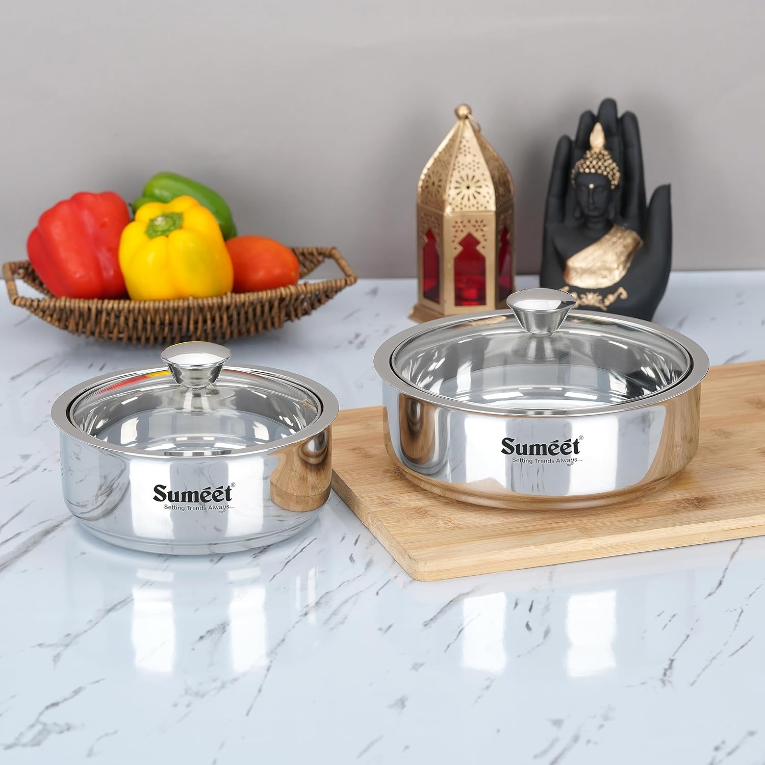 Sumeet Stainless Steel Casserole with Glass Lid | 2 Pieces - 1 Ltr & 1.6 Ltr - Dista