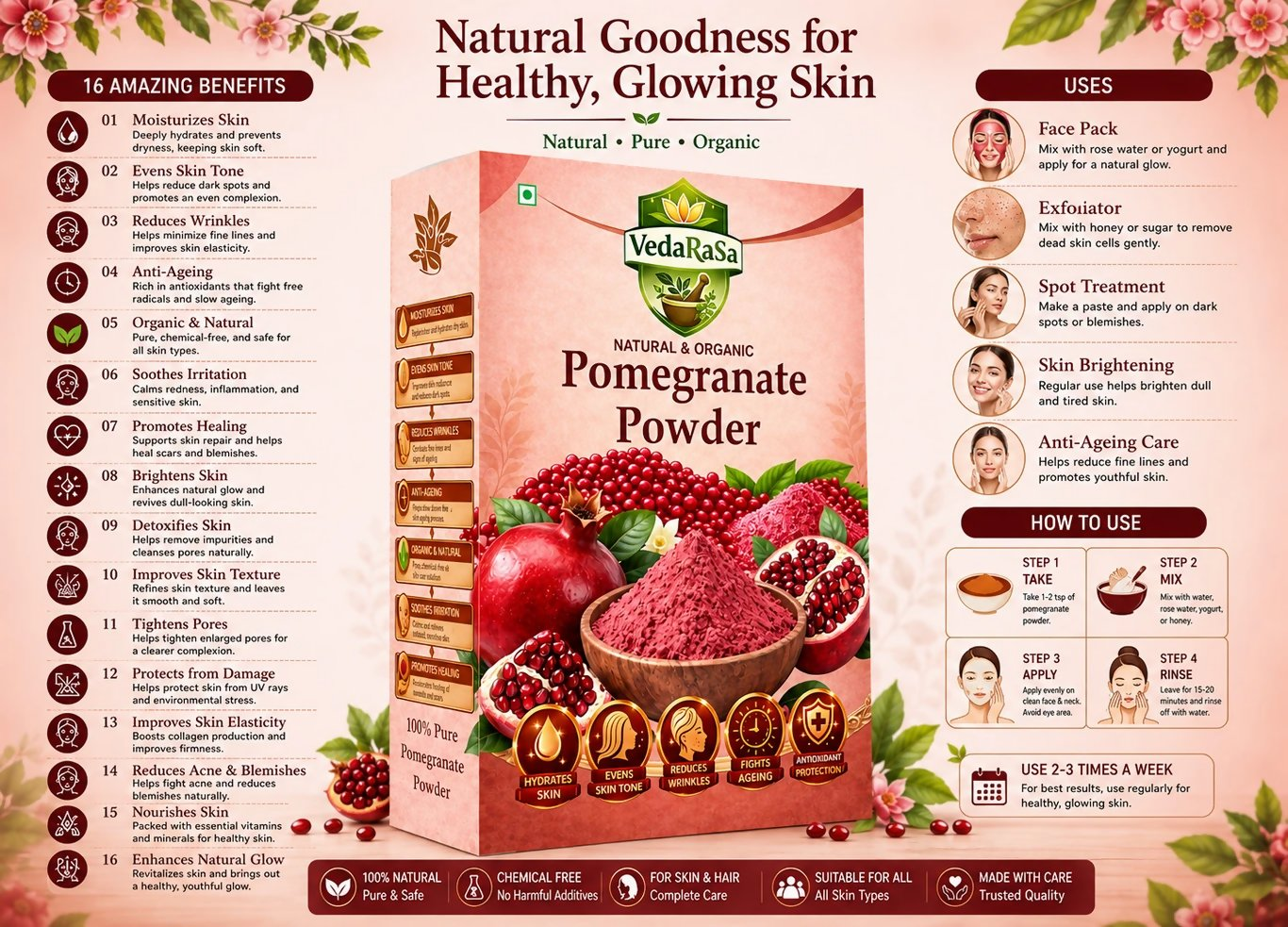 VedaRasa Pomegranate Powder For Glowing Skin & Immunity Boost Natural Fruit Powder - Dista