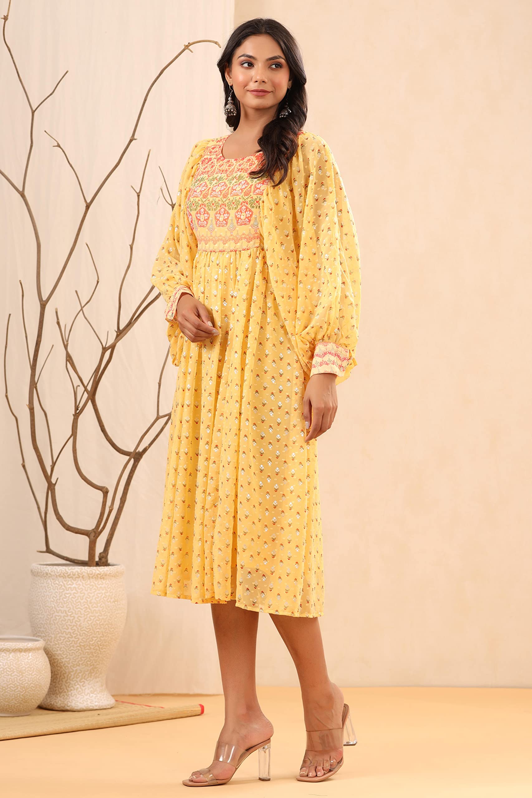 Juniper Women's Yellow Ethnic Motif Printed Georgette Midi Dress With Sequins Work - Distacart