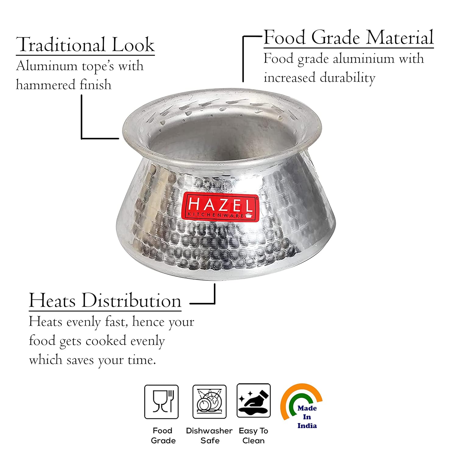HAZEL Aluminium Handi with Lid 3200 ml | Thick Hammered Biryani Pot - Dista