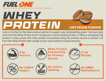 FUELONE Whey Protein (Cafe Mocha, / 2.2lbs) | 24g Protein | 5.29g BCAA & 4.2g Glutamic Acid